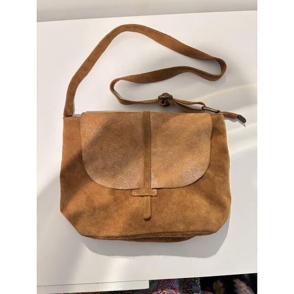 MADE in ITALY Brown Tan Metallic Suede Leather Adjustable Strap Crossbody Bag - Picture 4 of 7